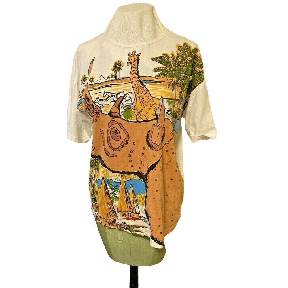 Womens VTG Western Connection Jungle Village Safari Shirt MED Cotton Sequin Art